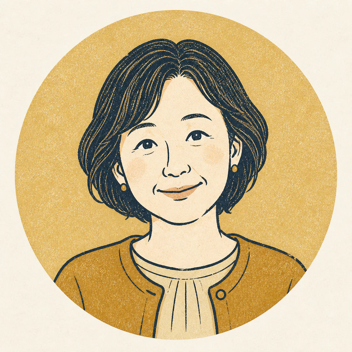 黄土色の円背景に描いた50代前後の女性を想定した版画風の仮人物イラスト