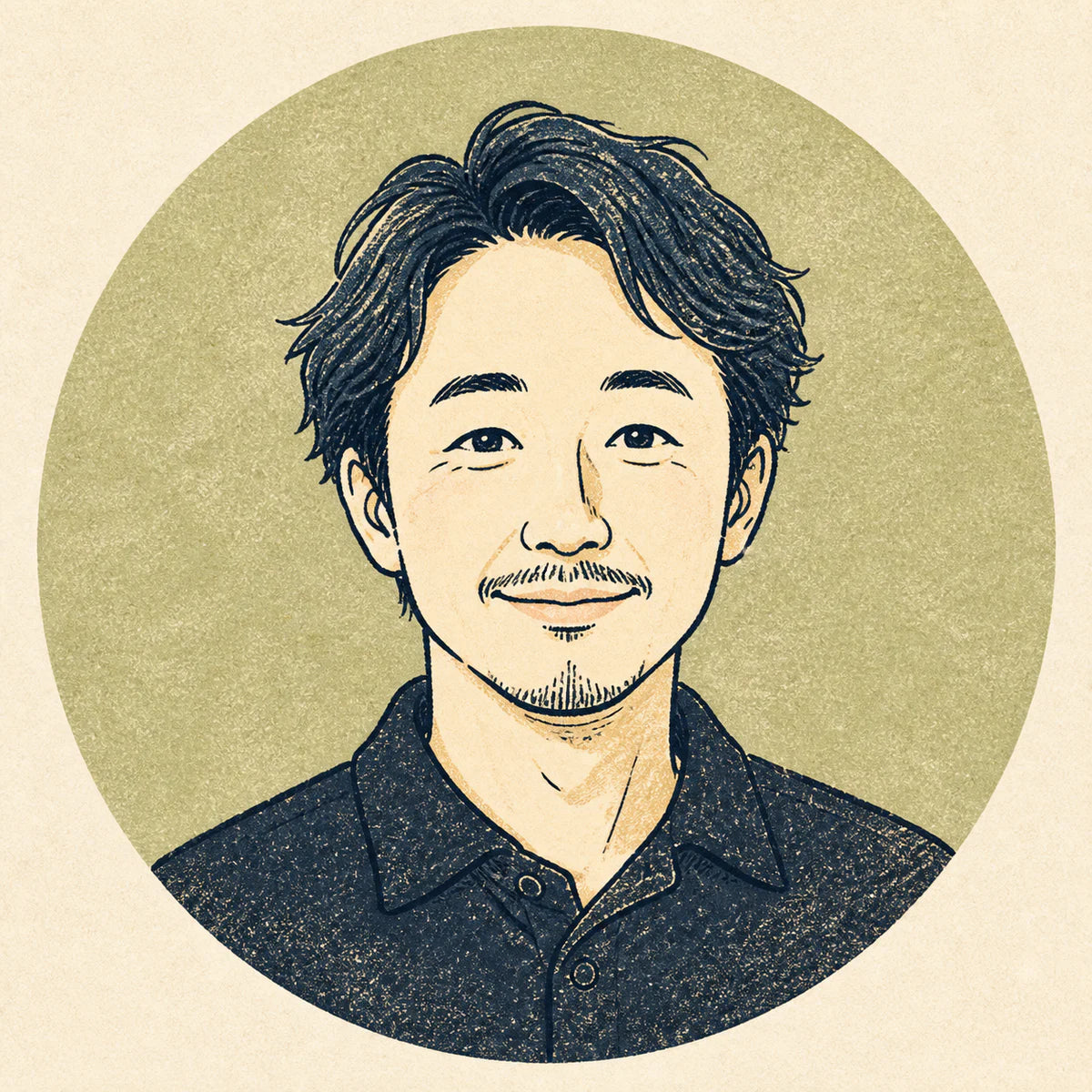 オリーブ色の円背景に描いた40代前後の男性を想定した版画風の仮人物イラスト