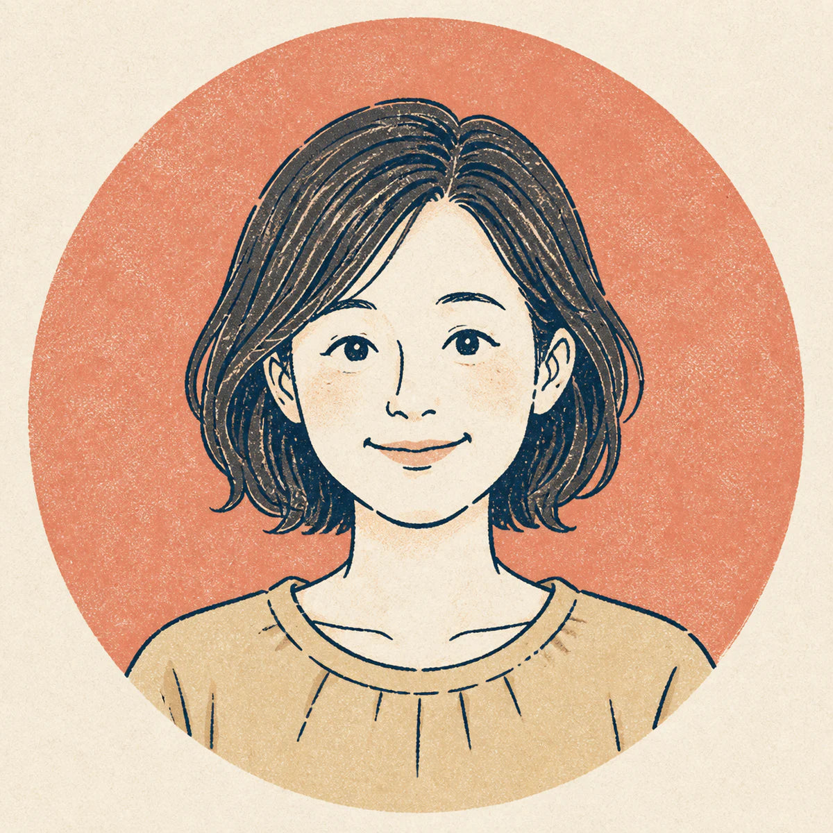 淡い朱色の円背景に描いた30代前後の女性を想定した版画風の仮人物イラスト